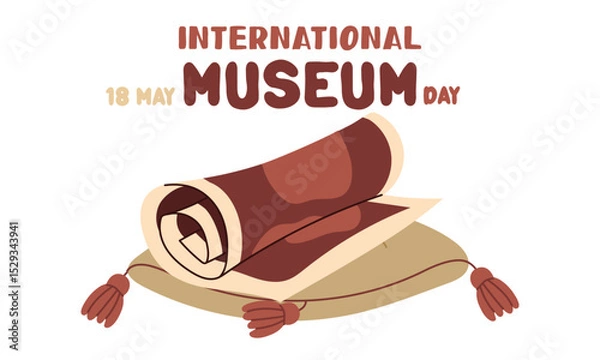 Fototapeta International Museum Day on May 18. historical map is rolled up on a pillow. Flat color illustration for use in posters, articles, and social media related to science and history. Horizontal banner