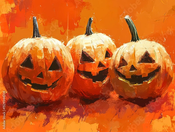 Fototapeta Three pumpkins with their mouths open and eyes wide, smiling. The painting is orange and has a Halloween theme
