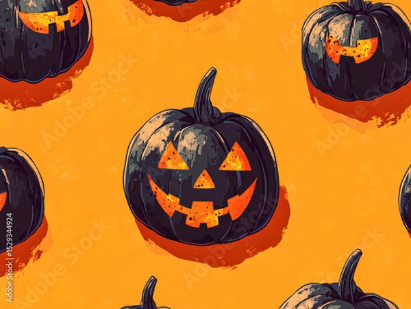 Fototapeta Black pumpkin with a smiley face on it is surrounded by other black pumpkins. The scene is set in a Halloween-themed environment