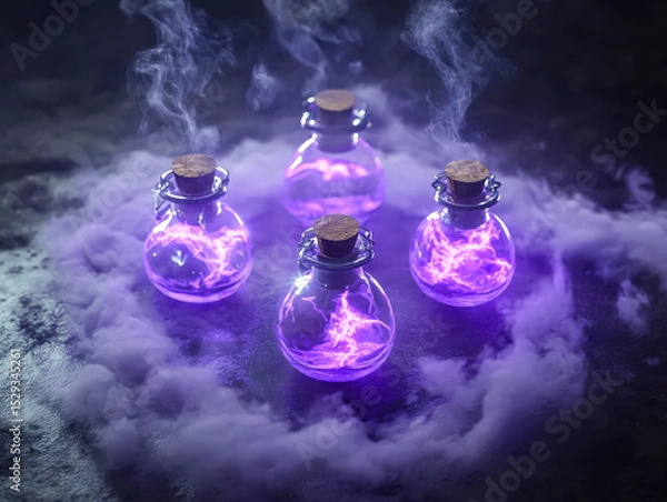 Fototapeta Set of four purple glass bottles with smoke coming out of them. The bottles are arranged in a circle, and the smoke is swirling around them. The scene has a mysterious and magical atmosphere