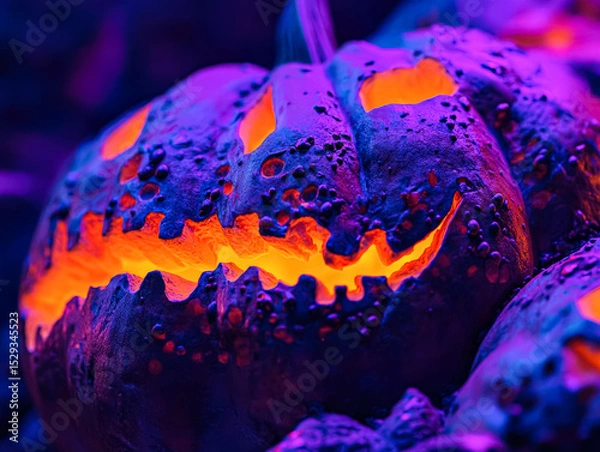 Fototapeta Pumpkin with a glowing orange face is lit up in a dark room. The pumpkin has a creepy, scary appearance, which is typical of Halloween decorations