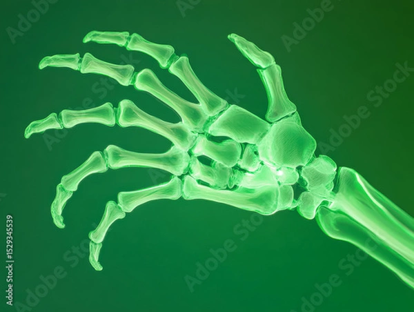 Obraz Skeleton hand is shown in a green color with a green background. The hand is made of bones and he is in a greenish hue. The background is also green, creating a cohesive and vibrant color scheme