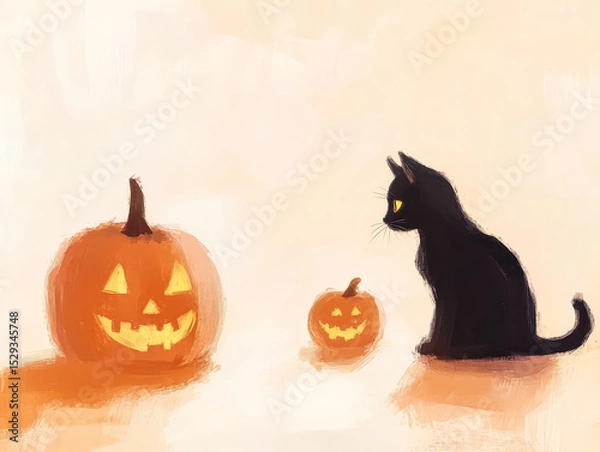 Fototapeta Black cat is sitting in front of two pumpkins, one of which has a smiley face. The scene is set in a Halloween-themed environment, with the cat looking at the pumpkins as if it's curious or playful