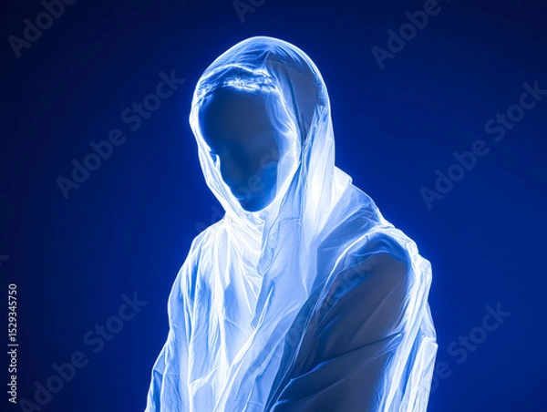 Fototapeta Woman is wearing a white dress and a blue scarf. The dress is made of plastic and the scarf is made of plastic. The woman is standing in front of a blue background