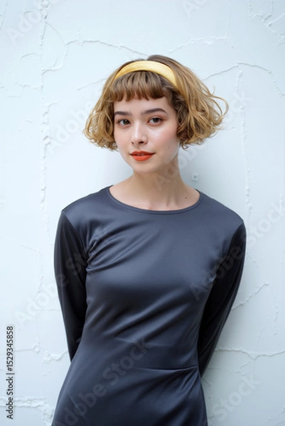 Obraz A young woman poses elegantly with her hands behind her back, showcasing a chic outfit and bright lipstick, set against a light textured wall. Generative AI.