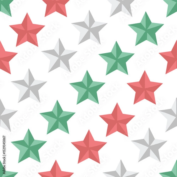 Fototapeta Vector 3D Shape Stars seamless pattern on white background. Shining Stars in Christmas Colors Texture Decorative Background. golden Stars Pattern for Birthday, Party, Celebration or for any concept.
