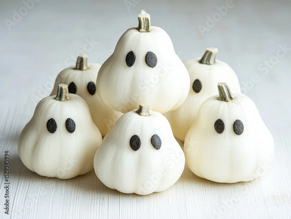 Fototapeta Group of white pumpkins with black eyes are arranged in a pyramid shape. The arrangement creates a spooky and eerie atmosphere, perfect for Halloween decorations
