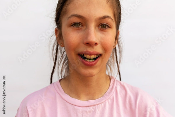 Fototapeta Girl with a wide smile showing the arches of orthodontic plates uneven teeth, malocclusion on a white background