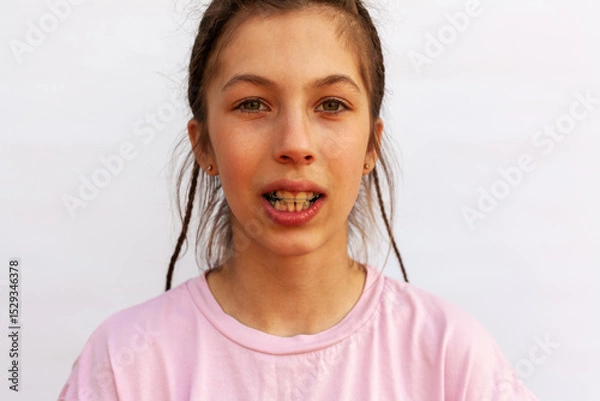 Fototapeta Girl shows arches of orthodontic plates uneven teeth, malocclusion on white background