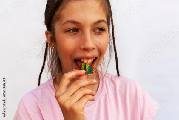 Fototapeta Young girl in pink t-shirt putting orthodontic plate on teeth with uneven teeth, malocclusion on white background. Concept orthodontic treatment