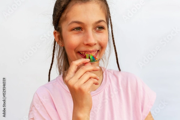 Fototapeta Happy girl in pink t-shirt putting orthodontic plate on teeth with uneven teeth, malocclusion on white background. Concept orthodontic treatment