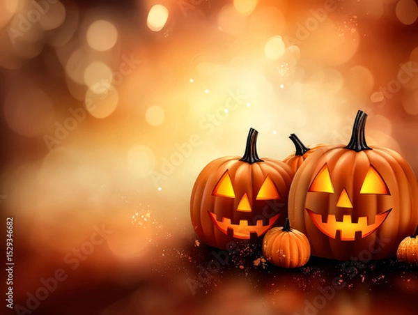 Fototapeta Three pumpkins with their eyes open and smiling on a table. Scene is cheerful and festive, as it is a Halloween scene