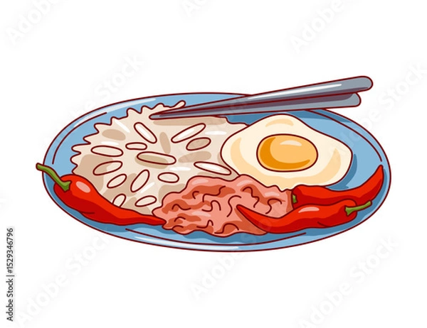 Obraz A dish with rice, meat, egg and chili pepper on white background. Asian food concept. Vector illustration.