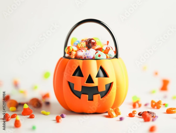 Fototapeta Pumpkin with a smiley face on it is filled with candy. The candy is scattered all over the pumpkin, creating a festive and fun atmosphere
