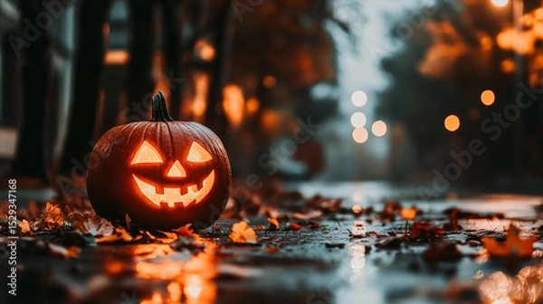 Fototapeta Pumpkin with a smiley face is placed on the ground in front of a street. The pumpkin is orange and has a happy expression, which adds a festive and cheerful atmosphere to the scene