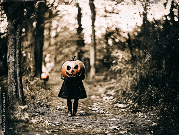 Fototapeta Girl is walking through a forest holding a pumpkin. The image has a spooky and eerie mood, with the pumpkin and the forest setting creating a sense of mystery and darkness