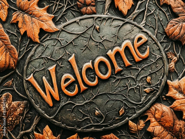 Fototapeta Welcome sign with leaves and branches on it. The sign is made of metal and has the word welcome written on it