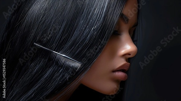 Fototapeta Close up of rich glossy jet black straight hair emphasizing flawless texture and silky softness