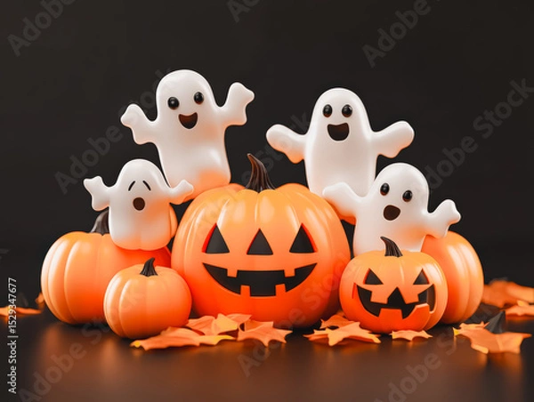 Fototapeta Group of Halloween pumpkins and ghosts are arranged on a black background. The pumpkins are orange and the ghosts are white. The scene conveys a spooky and festive mood