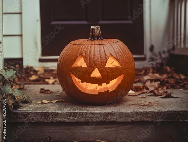 Fototapeta Pumpkin with a smiley face on it is sitting on a porch. The pumpkin is orange and has a light inside of it. The porch is outside and has a leafy plant growing on it