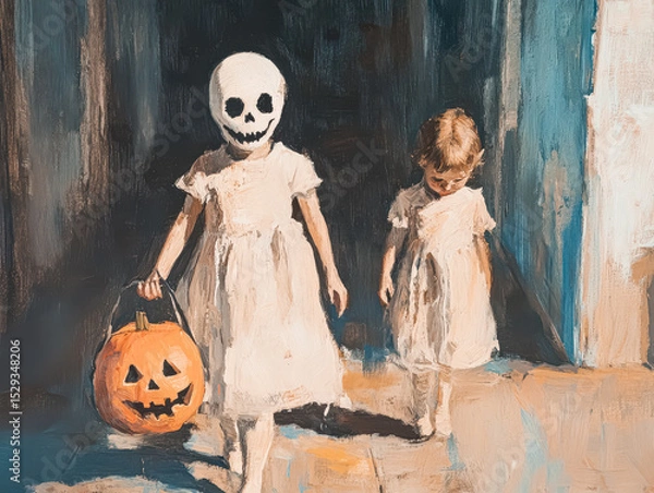 Fototapeta Two little girls dressed in white are walking down a street holding a pumpkin. The painting has a spooky and eerie feel to it, with the girls wearing scary masks