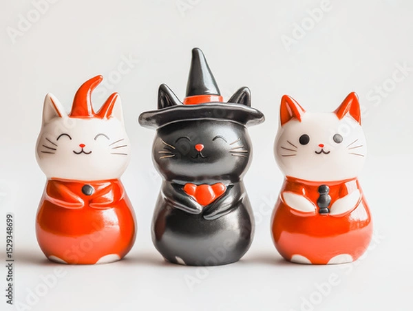 Fototapeta Three cats are sitting on a white background, one of them wearing a black hat and holding a heart