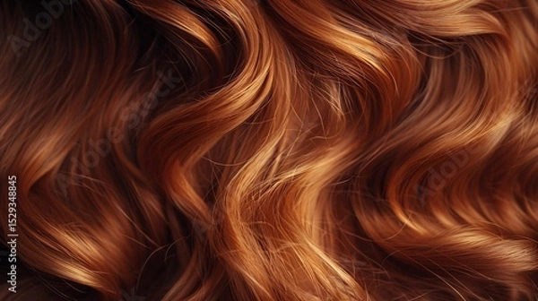 Fototapeta Close up of silky auburn wavy hair showcasing intricate balance between color shine and texture