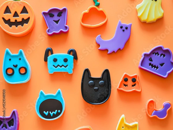 Fototapeta Collection of Halloween themed cat figurines are displayed on an orange background. The figurines are of various sizes and colors, including black, blue, and orange. Scene is festive and playful