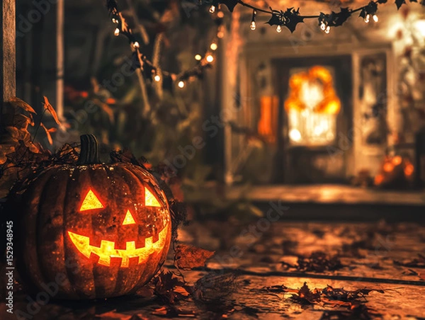 Fototapeta Pumpkin with a smiley face on it is sitting on a porch. The porch is lit up with lights, creating a warm and inviting atmosphere. The scene is set in the fall, with leaves scattered around the area