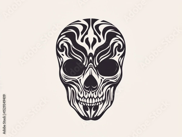 Fototapeta Skull with a black and white design. The skull is surrounded by a white background. The skull has a menacing and eerie appearance