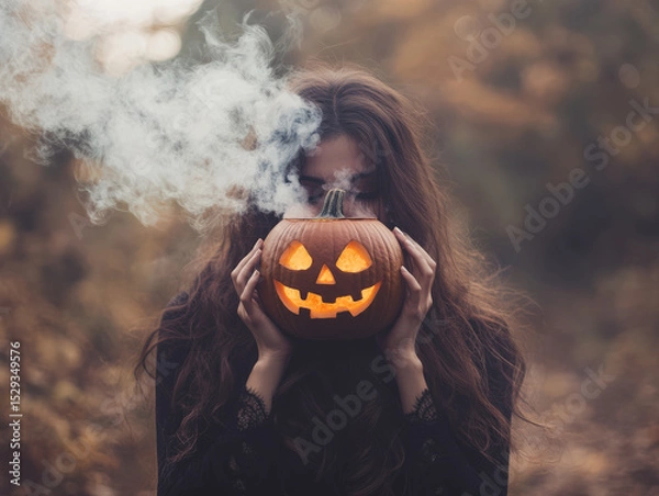 Fototapeta Woman is holding a pumpkin with a lit candle inside of it. The smoke from the candle is filling the air around her