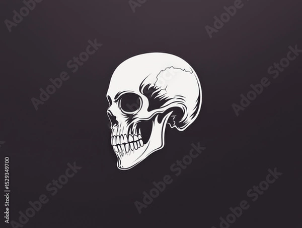 Fototapeta Skull is shown on a black background. The skull is white and has a black eye. The skull is the main focus of the image