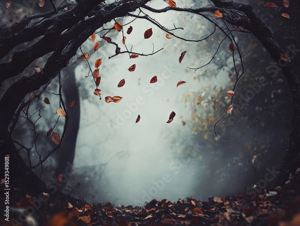 Fototapeta Tree with leaves falling from it. The leaves are scattered all over the ground. The scene is dark and moody