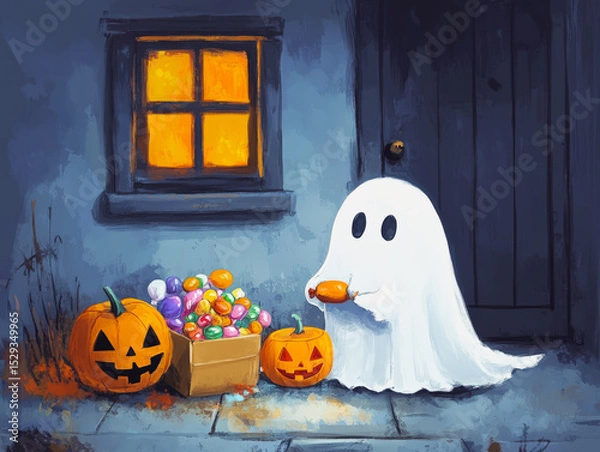 Fototapeta Ghost is standing in front of a house with a pumpkin and a box of candy. The ghost is holding a hot dog in its hand