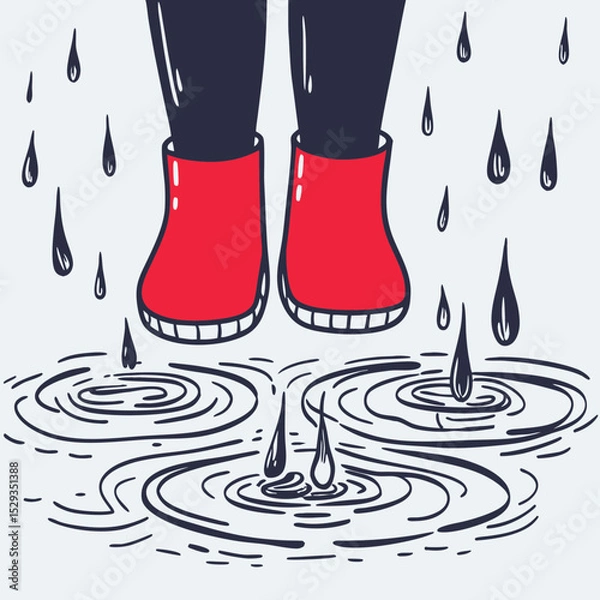 Fototapeta Red boots splashing in puddles with raindrops
