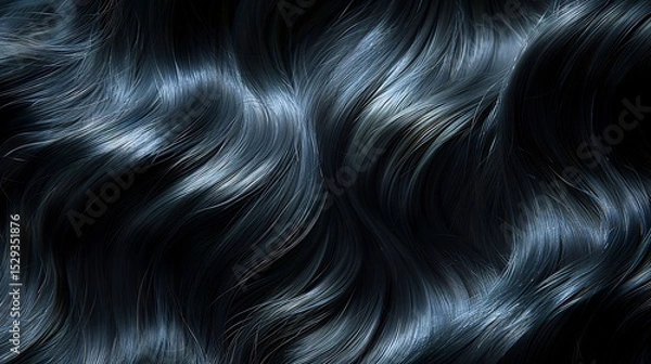 Fototapeta Close up of silky jet black wavy hair emphasizing shine flawless wave definition