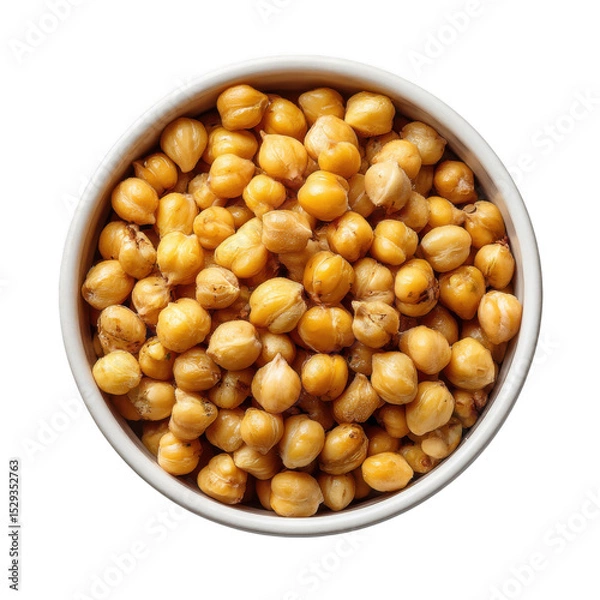 Fototapeta A top down view of a white bowl filled to the brim with cooked and seasoned chickpeas on a black background