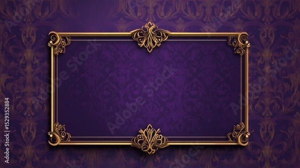 Obraz Elegant purple greeting card with vintage floral pattern and blank gold label for invitations, announcements, or luxury stationery design





