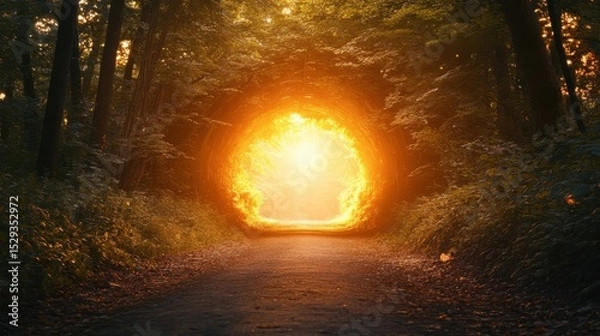 Fototapeta Magical forest path leading to a glowing portal of light, serene nature scene.