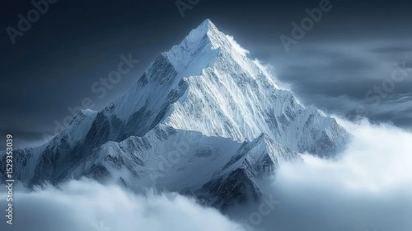 Fototapeta Majestic snow-covered mountain peak emerging from ethereal clouds.