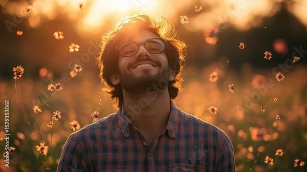 Fototapeta Man enjoying nature with flowers and sunset in the background, positive vibes.