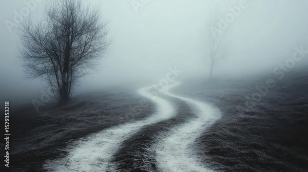 Fototapeta Misty pathway through foggy terrain with silhouetted trees, atmospheric scene.