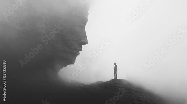 Fototapeta Mysterious figure standing before a giant stone face in foggy landscape.