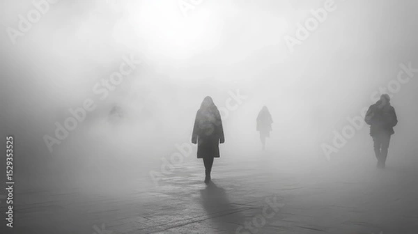 Fototapeta People walking through thick fog creating a mysterious atmosphere.