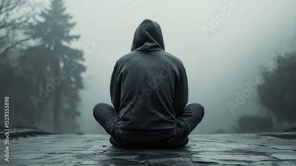 Fototapeta Person meditating in misty environment, serene atmosphere, focus on inner peace.
