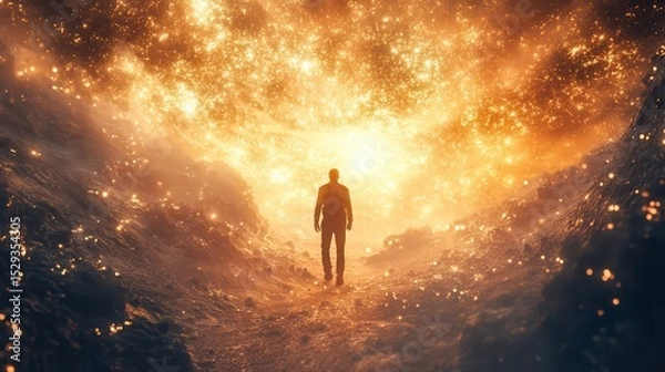 Fototapeta Person standing in awe before an explosion of light and color in a mystical landscape.