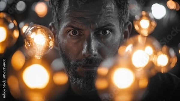 Fototapeta Portrait of a man surrounded by glowing lights, deep in thought.