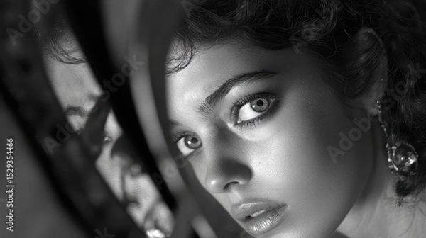 Fototapeta Portrait of a woman framed by a mirror, showcasing emotion and light in black and white.