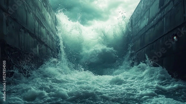 Fototapeta Powerful waves crashing between concrete walls, dramatic ocean scene.
