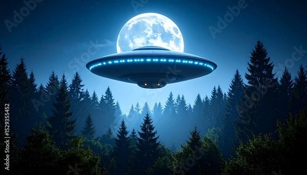 Obraz UFO over moonlit forest.
